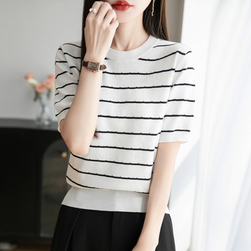 Striped Knitted Short-sleeved T-shirt for Women In Summer Korean Style Round Neck Loose Casual Base Shirt Pure Cotton Top Thin