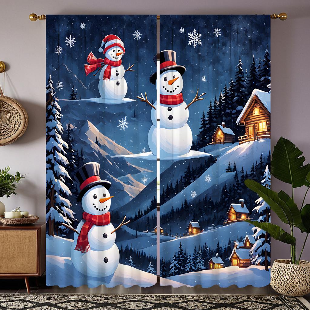 2 шт. HD Рождественская снежная горная сельская занавеска со снеговиком, белая занавеска с цифровой печатью, украшение для дома, стиль decorati