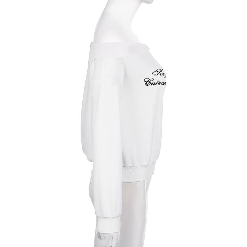 Ретро-маленькие буквы напечатаны на одно плечо сексуальный длинный рукав топ для женщин свободные универсальные ленивые стиль толстовки с капюшоном футболки женские