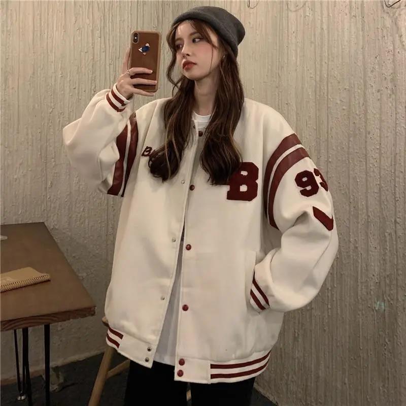 Baseball Jacket Women Vintage Korean Fashion Streetwear Autumn Aesthetic Bomber Black Jackets Oversized Heavy College