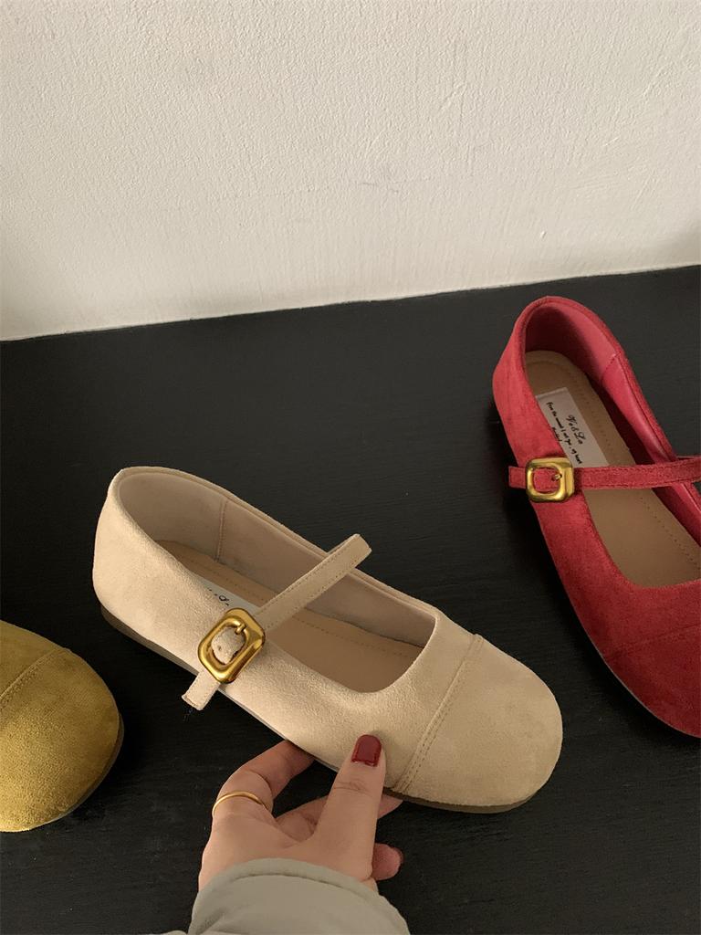 Light Mouth Red Single Shoes Female Spring and Autumn New French Retro Gentle Fairy Suede Mary Jane Shoes Flat Beanie Shoes