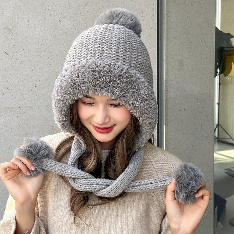 Plush Hat Solid Color Warm Knitted Hat Double Layer with Fluffy Ball Knitted Hat Cute Hanging Ball Outdoor Hat Winter