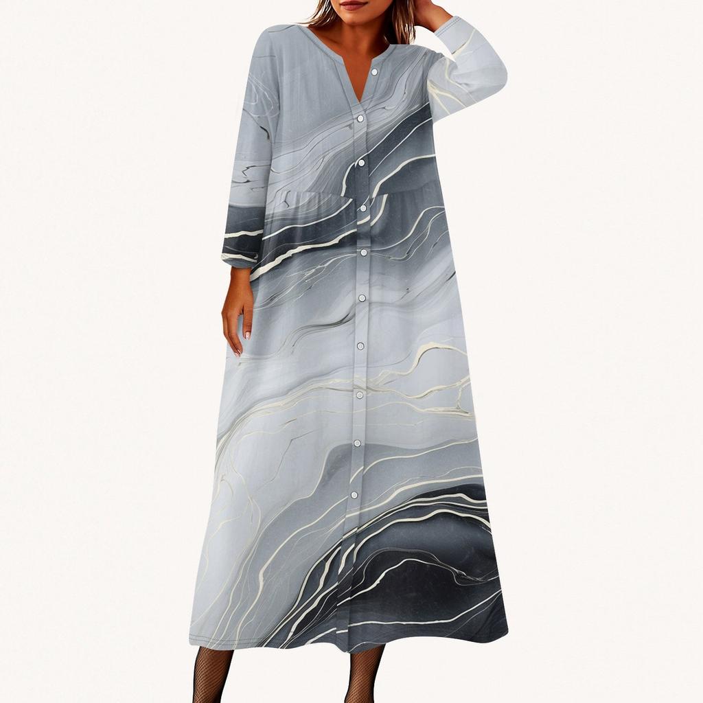 Женское модное платье-рубашка свободного кроя с принтом, круглым вырезом и рукавами семь четвертей на пуговицах