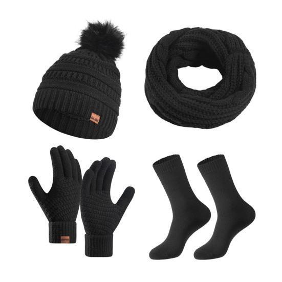 4 Pcs/Set Women Winter Hat Scarf Gloves Socks Set Thick Plush Knitted Warm Cap Touch Screen Gloves Elastic Ear Protection Windproof Winter Outdoor