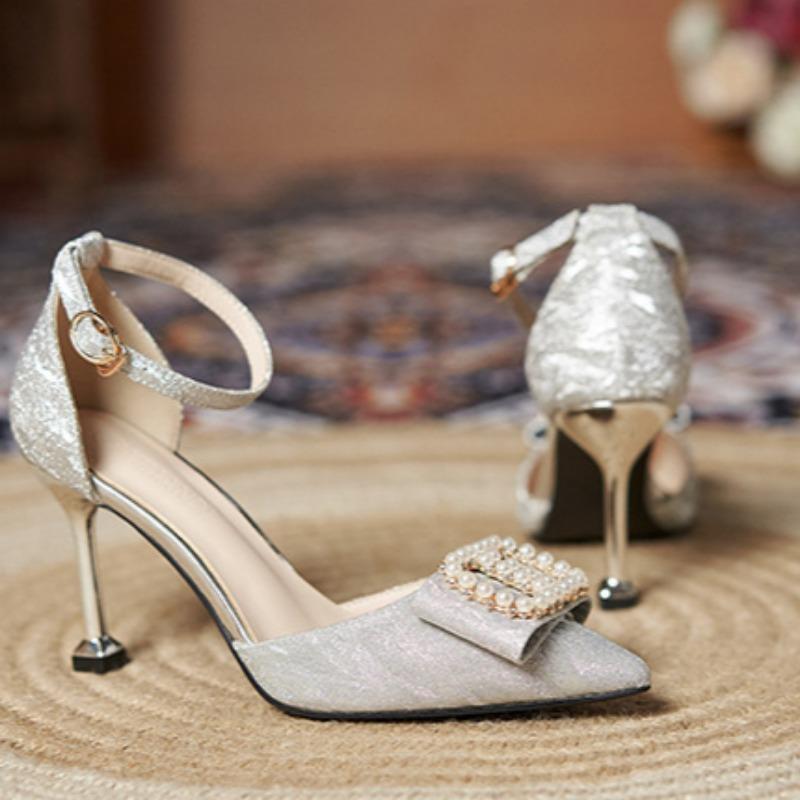 Новые босоножки на высоком каблуке с острым носком, пряжкой, блестками и жемчугом, модные и универсальные туфли на шпильках