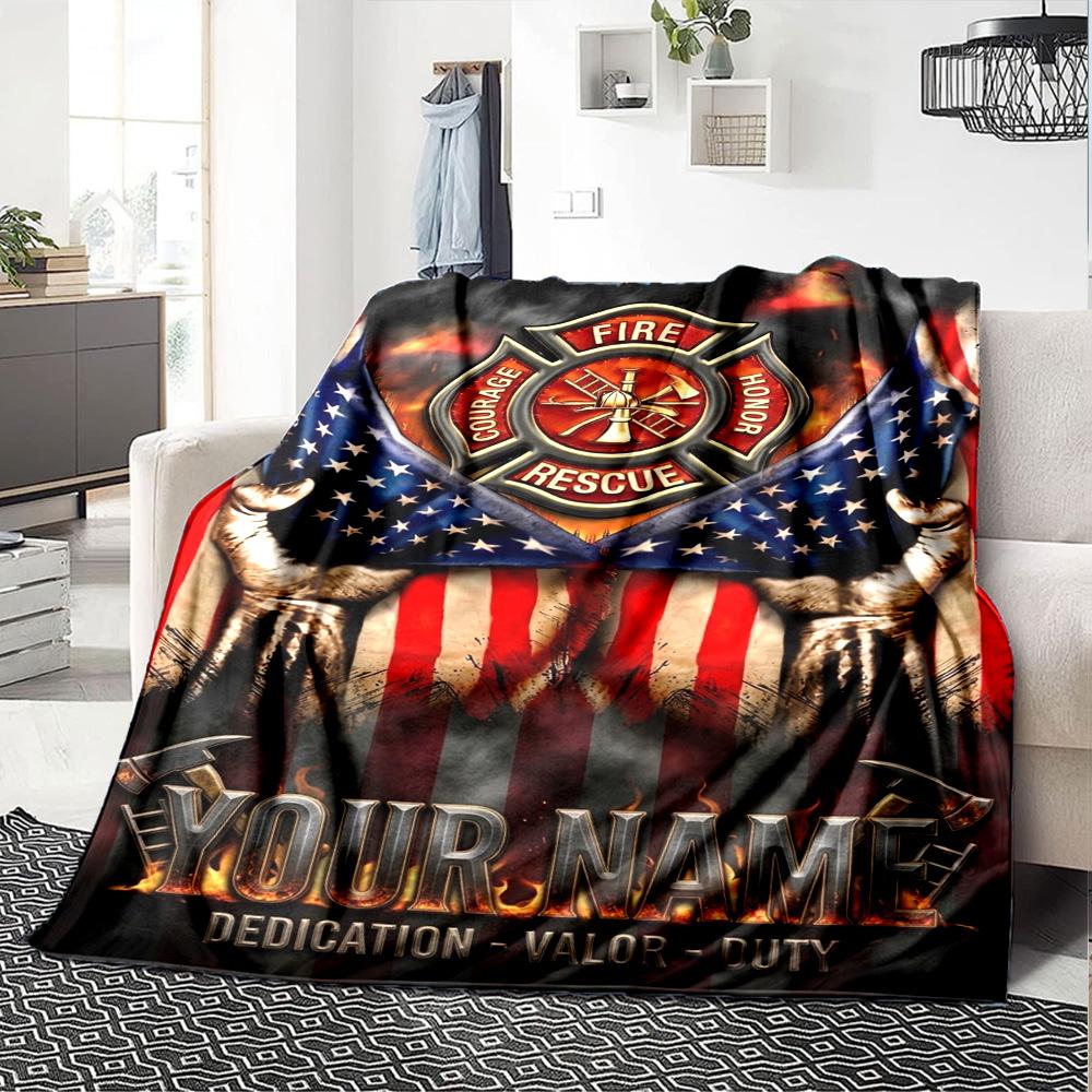 Name Custom Firefighter Fire Rescue Print Flannel Blanket High Quality Warm Comfortable Cover for All Seasons Perfect for Gifts Home Decor