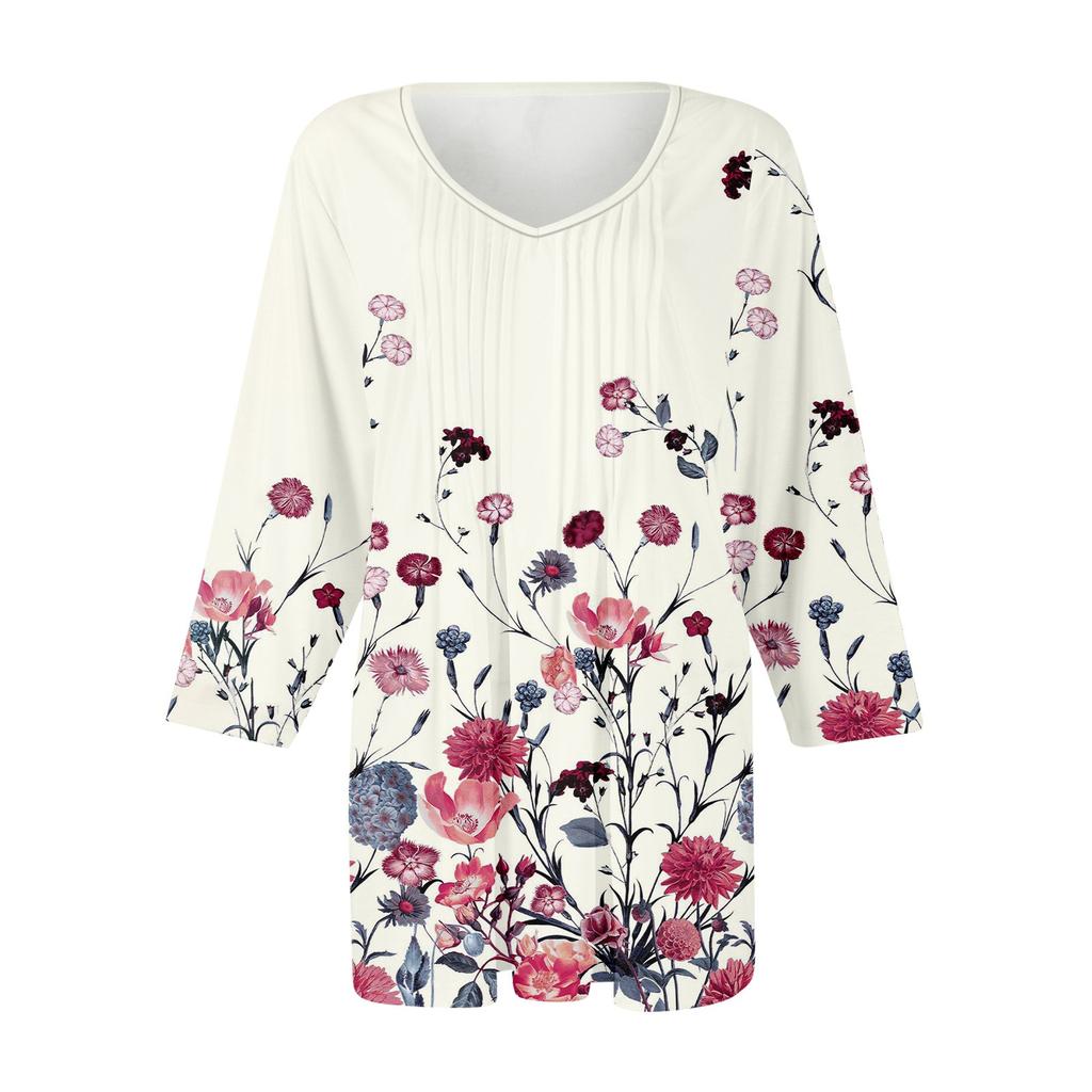 Женские топы с V-образным вырезом и рукавом три четверти в полоску, плиссированные, повседневные, летние, модные, рубашки