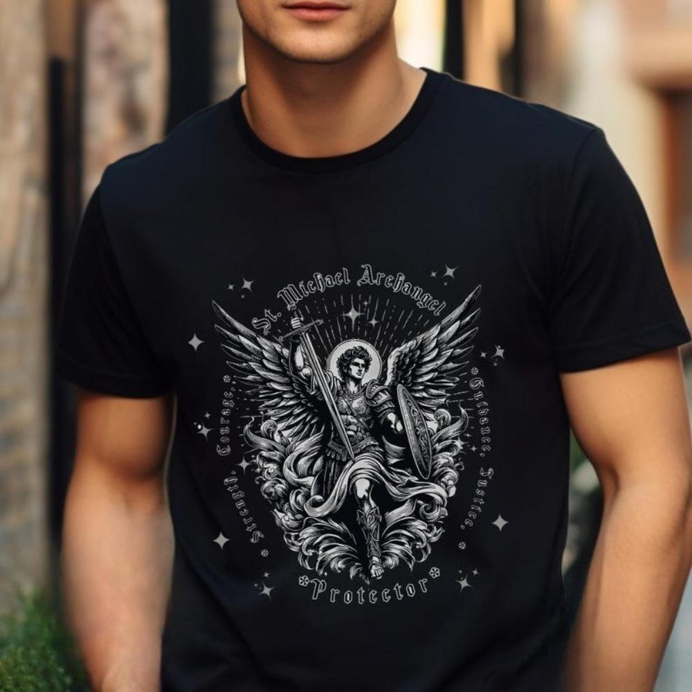 St Michael Archangel Tshirt Catholic Vintage ClipArt Gifts Shirt Retro Church Clothing Devotional Men Women Cotton Tee Tops
