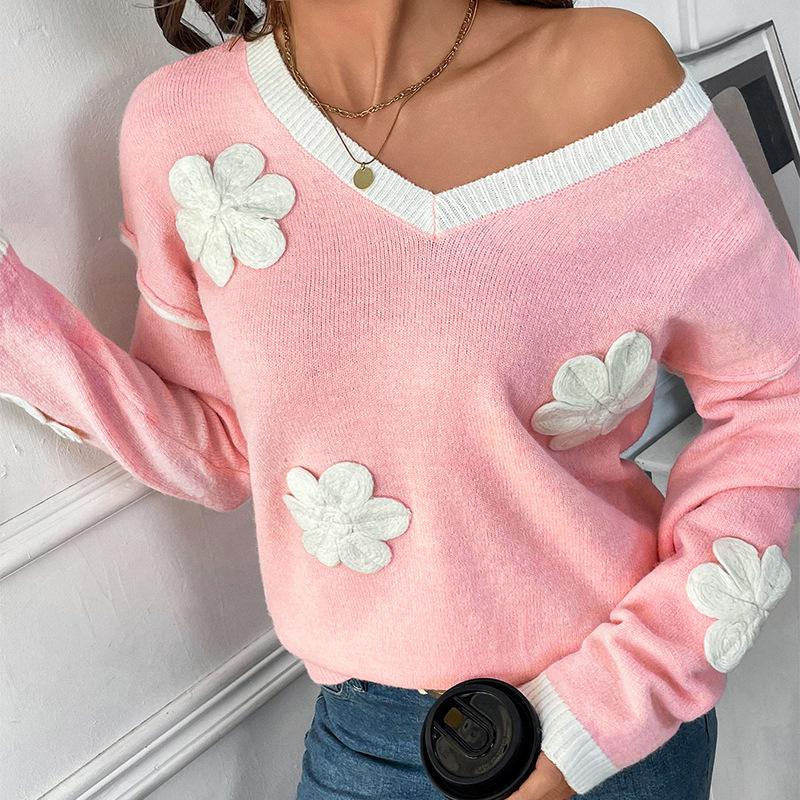 YYFS Women's Fashion Casual Fall Winter Flower Pattern Print Long Sleeve V-Neck Sweaters