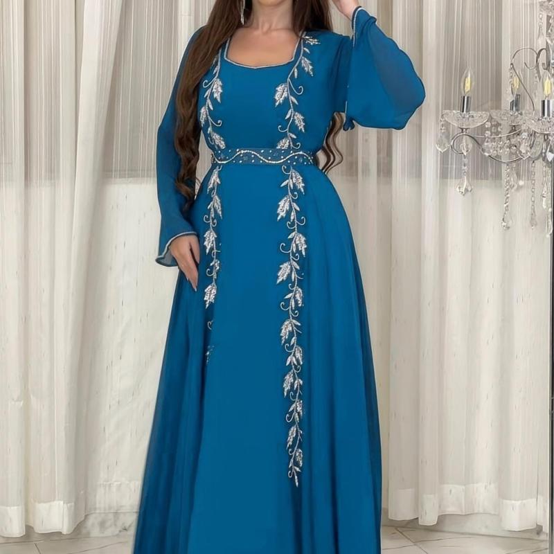 Luxury Women's Embroidered Dress for Muslim Parties, Waist Tied and Slim Fitting Long Style