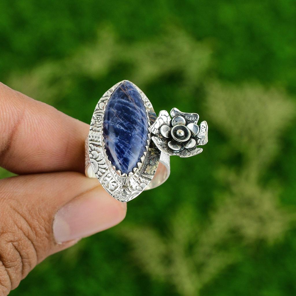Wedding Gift For Her 925 Silver Natural Sodalite Stackable Flower Ring Size 7