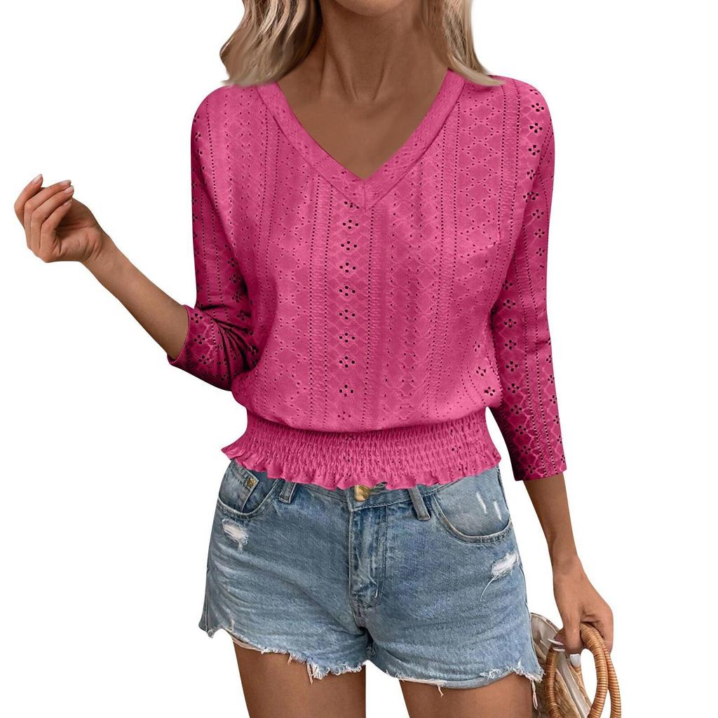 2026 Spring/Summer V-Neck Jacquard Smocked 7-Sleeve T-Shirt - Chic Casual Top