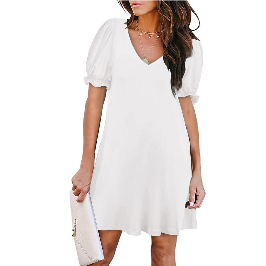 Женское летнее модное однотонное платье с v-образным вырезом и лепестками, с короткими рукавами и карманами