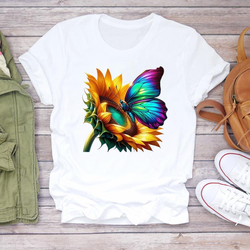 (Asian Size) Print Lady T Shirt Fashion Love Sweet Flower Cute Women Clothing Casual Top Short Sleeve Tee Female Graphic T-shirts