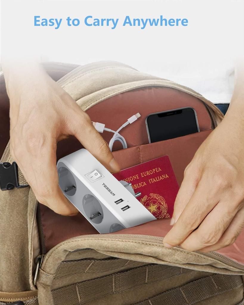 Tessan USB-адаптер с 3 розетками переменного тока и 2/3 USB-портами для зарядки, многоразовый удлинитель с вилкой европейского стандарта, для смартфона, планшета, MP3
