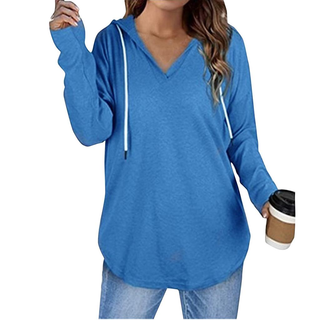 Women's Fashion Casual V-Neck Solid Colour Hooded Drawstring Long Sleeve Fitness Top