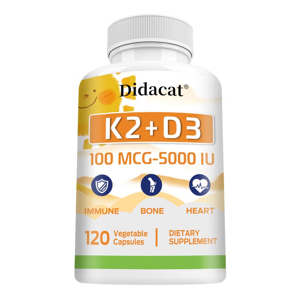 Didacat Vitamin K2 + D3 100 MCG 5000 IU, 120 Vegetable Capsules Bone and Heart Support