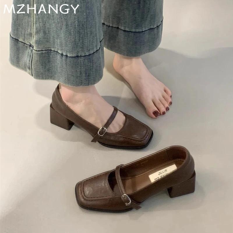 Туфли Мэри Джейн на среднем каблуке, модные туфли с квадратным носком, женские туфли с массивным каблуком, тренд 2024 года, зимние туфли-лодочки, новые женские туфли Zapatillas