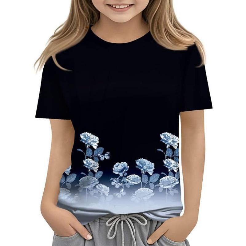 Детская футболка с 3D-принтом, новая повседневная универсальная детская одежда с цветочным 3D-принтом, футболка с короткими рукавами и круглым вырезом