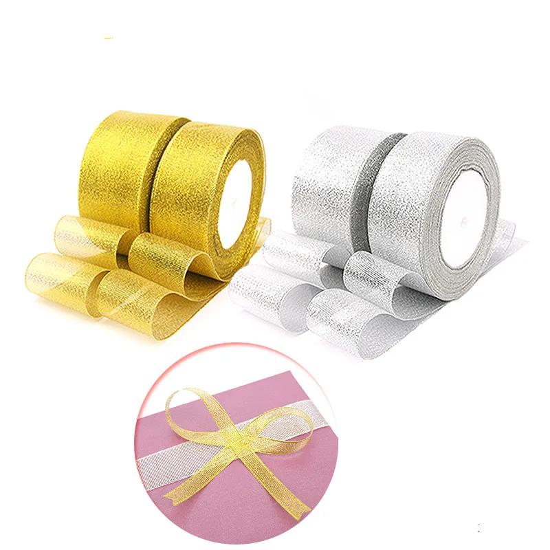 Ленты с блестками 6-50 мм 25 ярдов Золотая/Серебряная Металлическая Органза Лента для Свадебного Торта Подарочное Украшение DIY Принадлежности для Рукоделия