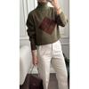 Khaki Square Patterned Turtleneck Sweater
