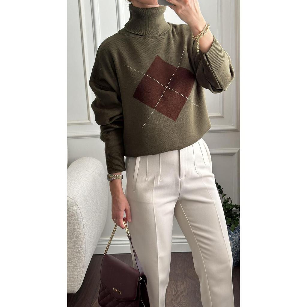 Khaki Square Patterned Turtleneck Sweater