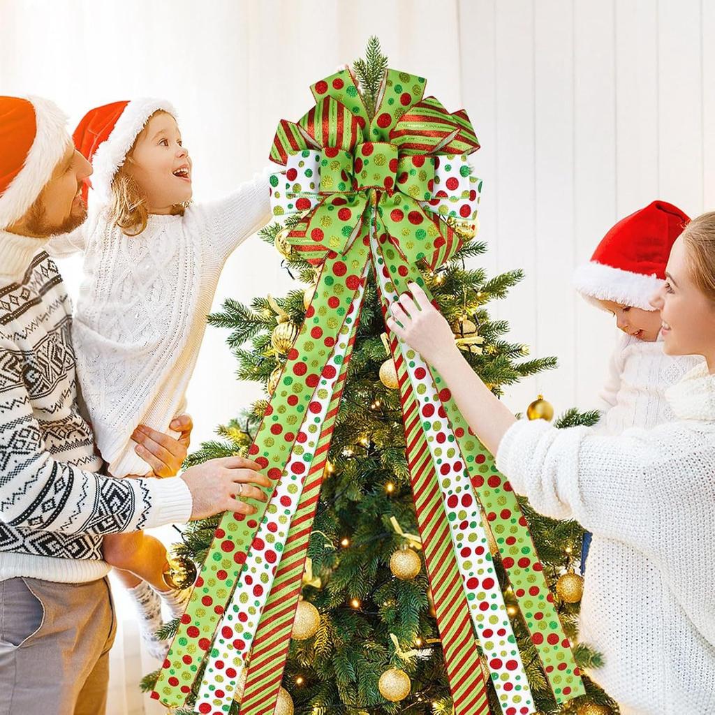 Christmas Tree Bow Red And Green Polka Dot Large Decorative Gift Bow Christmas Decoration.