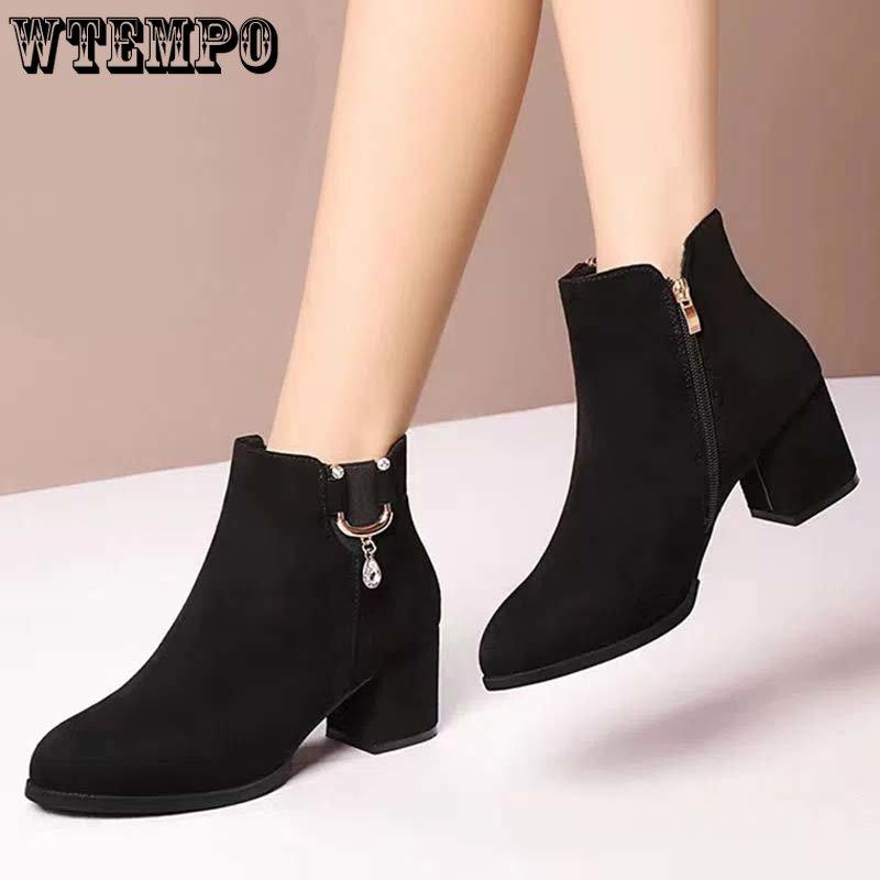 Женские кожаные ботинки из искусственной замши, матовая кожа, короткий цилиндр, на высоком каблуке с круглой головкой, водяная буровая машина, боковая молния, противоскользящие пригородные туфли на толстом каблуке, мягкая подошва