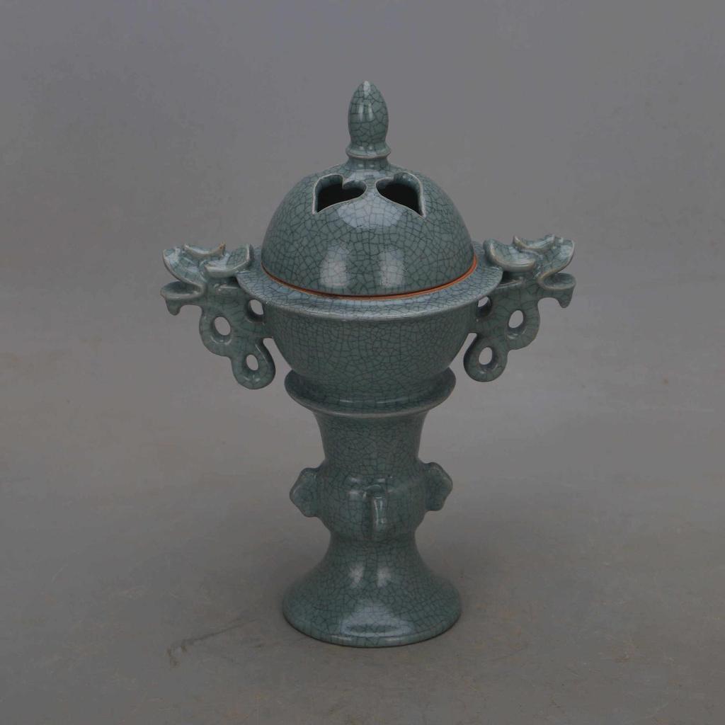 Song Dynasty Ru Kiln Celadon Double-Ear Dragon Incense Burner with Spur Marks - Antique Imitation Porcelain Collectible