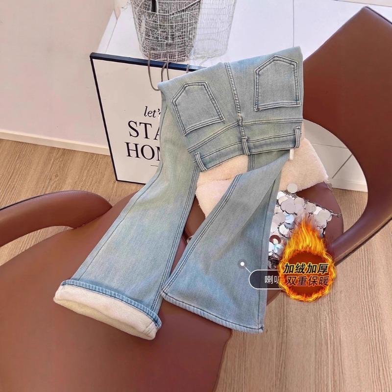 Autumn and winter light blue velvet retro micro-flared slim-fitting jeans women's high-waisted slim-fitting horseshoe pants