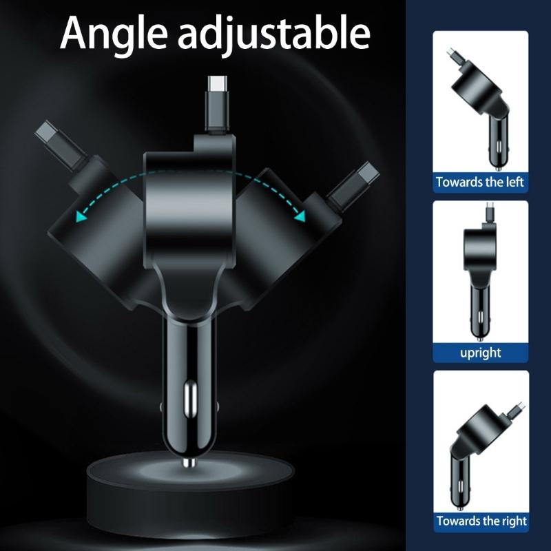 Портативное автомобильное зарядное устройство с выдвижным шнуром, поддержка быстрой зарядки PD30W, совместимость с широким диапазоном напряжений 12В-24В для телефонов