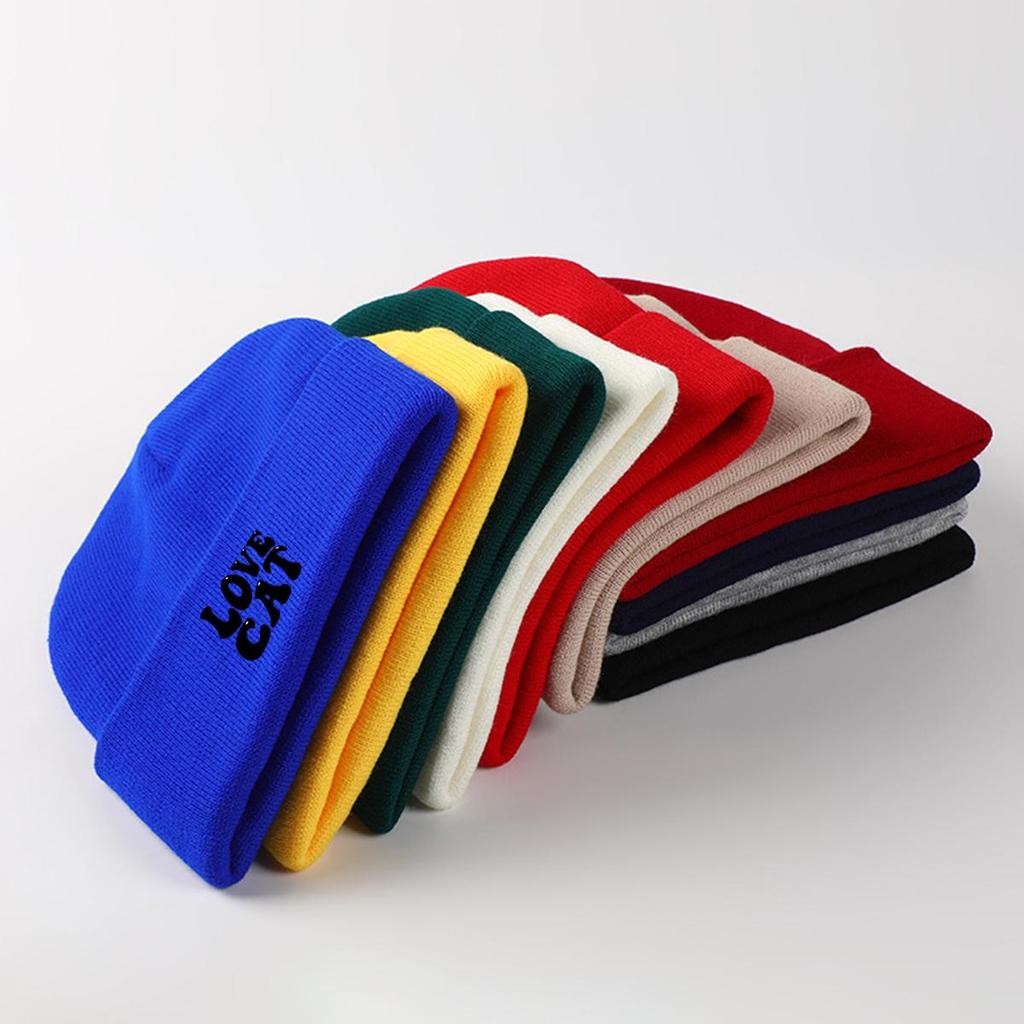 LOVE CAT" Print Knit Cap Beanie, Animal Man Cap Windproof Candy Color Trendy Pompom Beanies Knitted Hat Beanie