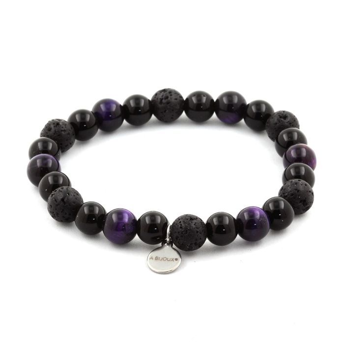 Stones and Minerals. Purple Tiger Eye + Lava + Black Agate 8 Mm Beaded Bracelet. Made In France.