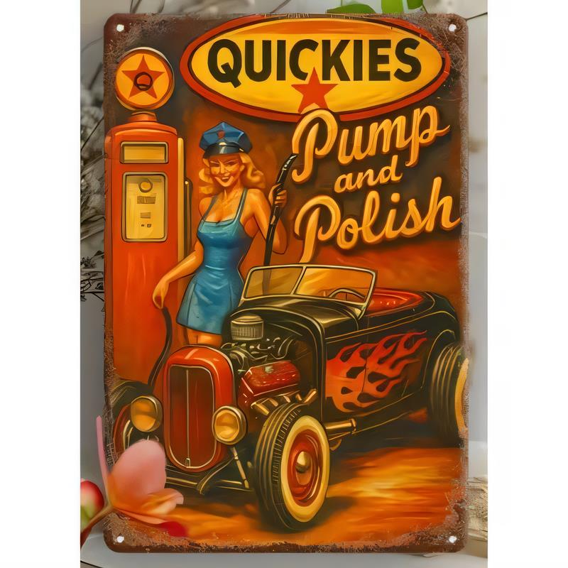 Tin Sign Quickies Pump and Polish Vintage Gas Station Metal Wall Art Retro Car Garage Decor Plaque Rustic Industrial Bar Pub