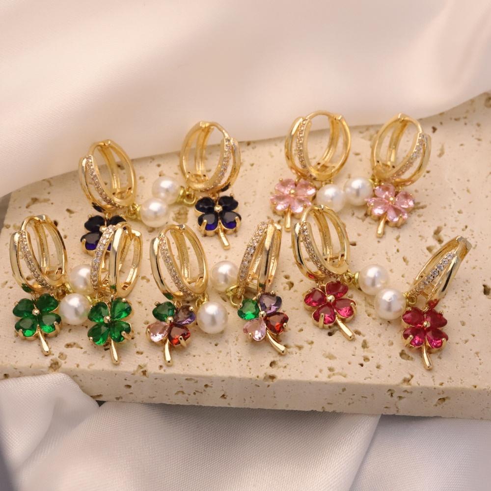 1 пара Модные красочные серьги-подвески с четырехлистным клевером из циркония и искусственным жемчугом для женщин, золотая бижутерия для свадьбы и вечеринки