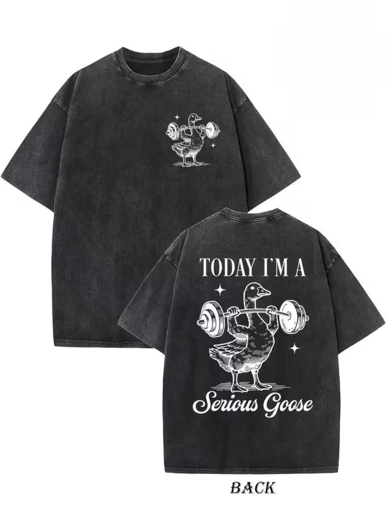 Serious Goose Weightlifting Duck Graphic TShirt Casual Oversized Retro Washed Round Neck Tee For Daily Streetwear Outfits