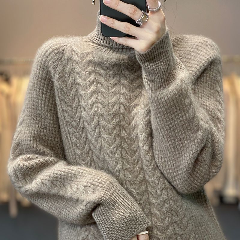 Solid Turtle Neck Cable Knit Sweater, Elegant Long Sleeve Wool Pullover Sweater, Women's Clothing