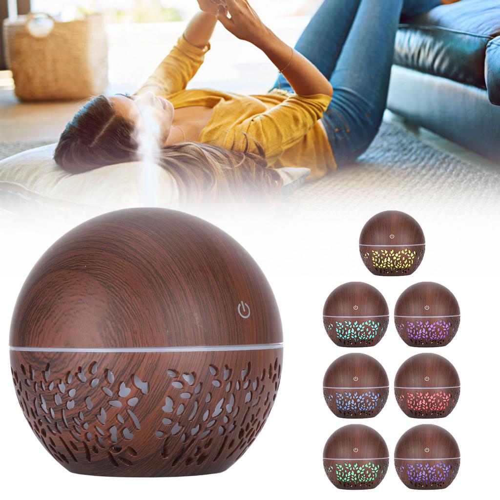130ml Humidifier Aroma Air Diffuser Hollow Out USB 7 Color Light Low Noise Humidifier (Dark Wooden Grain)