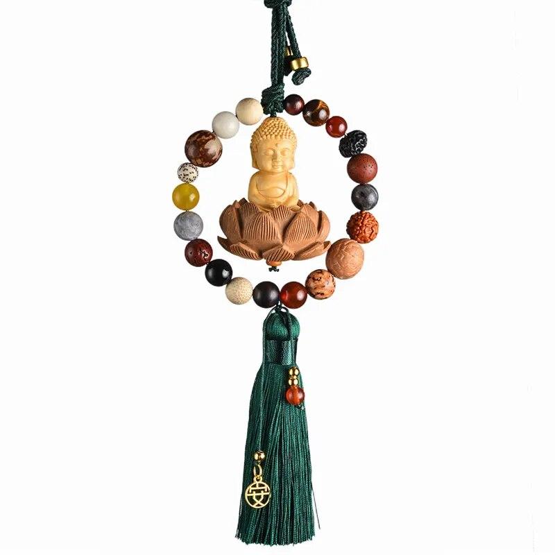 Upgraded Car Rearview Mirror Buddha Pendant Chinese Wooden Carving Lotus Buddha Statue Auto Hangings Tassel Decor Car Interior