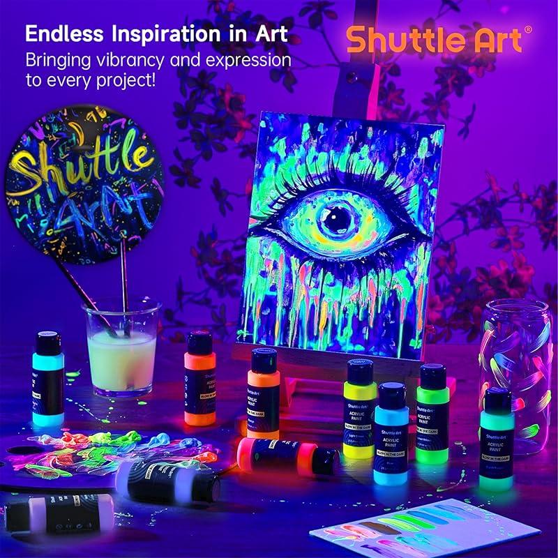 Shuttle Art acrylic paint paint that glows in the dark 12 color set 60ml With UV black light Luminous color Self-luminous neon paint for halloween