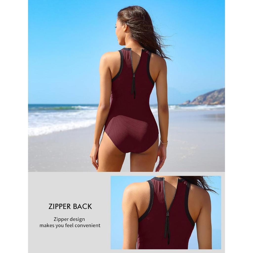 CHARMLEAKS Women One Piece Swimsuit Zipper Back Ribbed Swimwear Sporty Racerback High Neck Bathing Suit