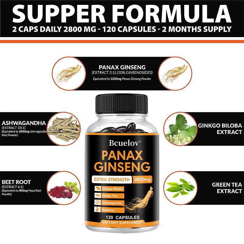 Panax Ginseng 2800mg Extra Strength Capsules, Herbal Supplement Blend with Ginkgo Biloba, Ashwagandha, Green Tea & Beetroot, Energy & Focus Support