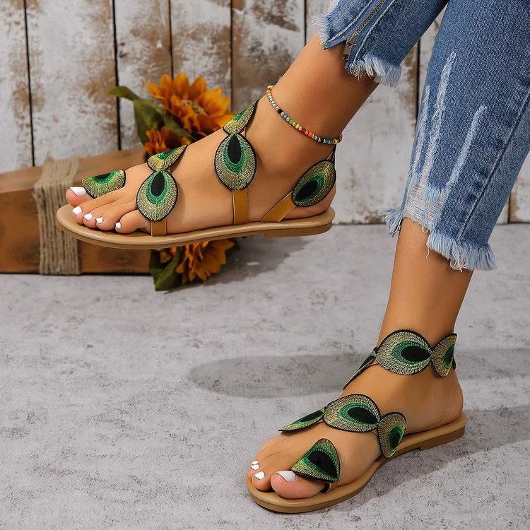 Large Size Flat Bottomed Toe Colored Sandals with Peacock Eyes, Hair, Beach Sandals for Women