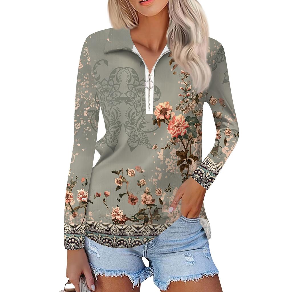 Women's Spring And Autumn Fashion Casual Printed Zipper V-Neck Long Sleeve Shirt Tops