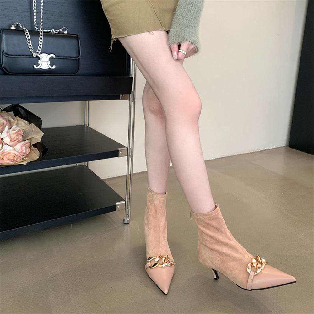 Мода 2024 Новые поступления Женские ботильоны Chelsea Botas Тонкие средние каблуки Металлическая цепочка Размер 35-40 Осень Зима Носки Botas Размер 35-40