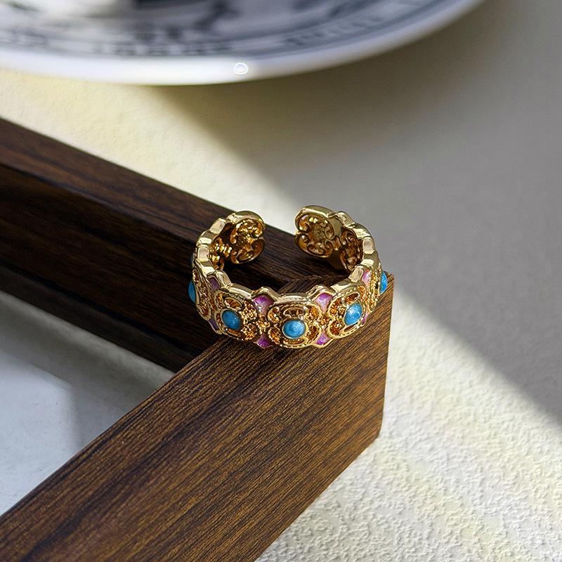 Национальный стиль Ретро Эмалевый цвет Открытое кольцо Средневековый Винтажный Цветок Нишевое Высококлассное кольцо