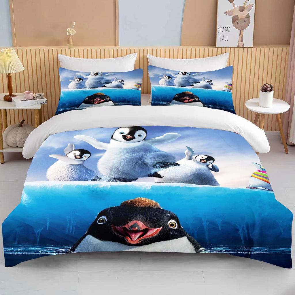 Cute Penguin Bedding 3 Piece Set King Size Double Bed Bedding Set Microfiber or Polyester Duvet Cover Set Kids Bedroom Bed Set