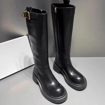 Версия из овчины~ Европейские сапоги из натуральной кожи, новые сапоги-рыцари на толстой подошве-маффине с круглым носком, высокие сапоги с пряжкой