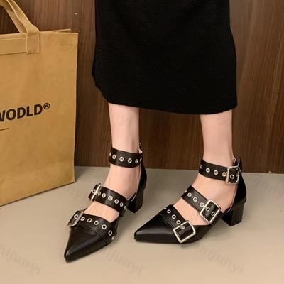 Женские босоножки Весна Новые высокие каблуки с острым носком и пряжкой на щиколотке Вечеринка Ретро модные женские босоножки Zapatos Muje