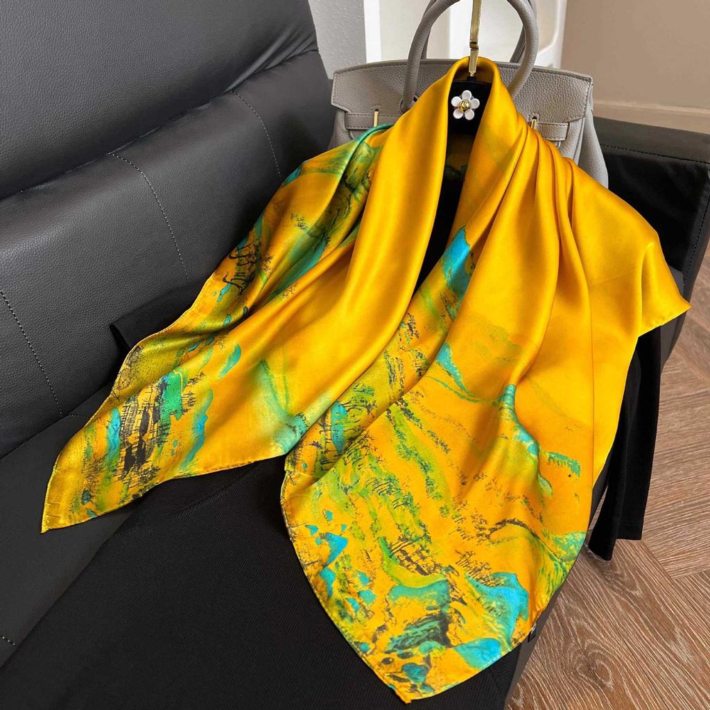 Color block silk scarf Korean version printing color matching scarf twill silk large square scarf 91x91cm shawl sunscreen travel headscarf